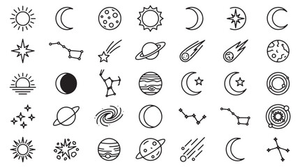 Minimalist celestial line icons, set of 35 astronomy vector elements, black outline space symbols featuring planets, stars, moon phases and constellations © eesha