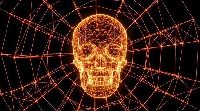 Glowing orange wireframe skull entangled in a cybernetic spiderweb for spooky futuristic halloween tech themes