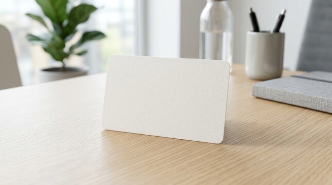 Blank white card on wooden desk with office supplies and plant