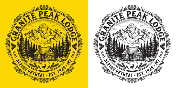 Granite Peak Lodge Mountain Cabin Vintage Emblem Vector Illustration