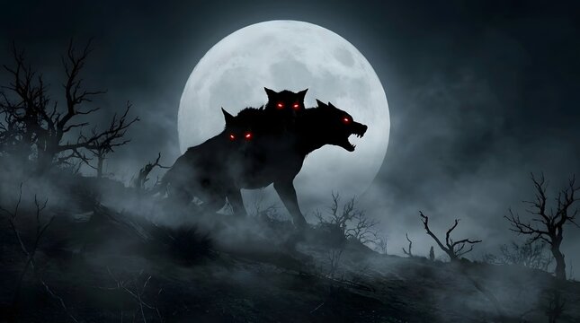 Spooky Cerberus Monster Under The Full Moon For A Dark Halloween Night Theme Featuring Eerie Glowing Red Eyes In A Foggy Supernatural Forest Setting