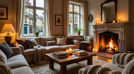 Obraz premium Classic living room interior with burning fireplace. Comfortable sofa, armchair stand near wooden coffee table with books. Candles glow on mantel shelf. Bright windows show city street view. Beige