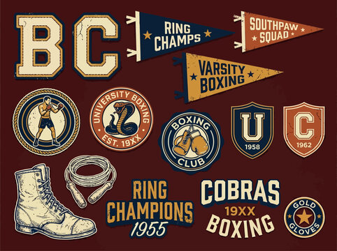 Retro Collegiate Boxing Sports Graphic Bundle &mdash; Varsity Ring Champions Cobras University Boxing Club Cobra Mascot Gloves Boot Jump Rope Badges Pennants Design Set