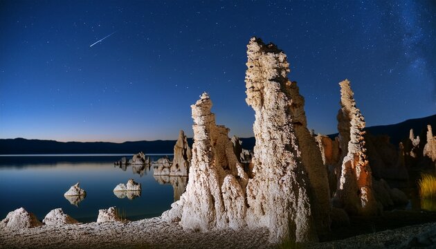 Tufa Formation At Mono Lake At Night With Stars In The Sky Shallow Depth Of Field With Focus On Lit Prominent Rock Formations