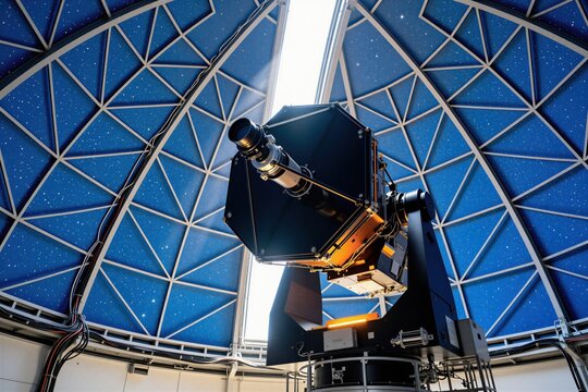 Advanced telescope gathers cosmic data inside observatory dome. Complex tech scans universe, stars, galaxies for science research. Modern scientific tool enables space exploration discovery.
