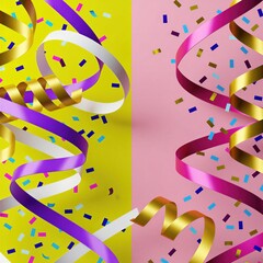 Fototapeta premium Bright festive ribbons swirl with colourful confetti against split yellow and pink backdrop. Celebrate happy events, parties, holidays with dynamic motion graphic element.
