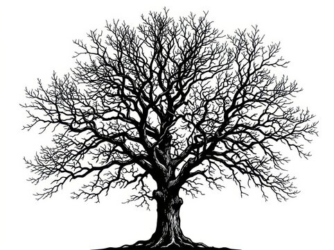 Silhouette of a bare winter tree isolated on white background