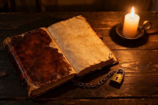 Ancient locked book with candlelight