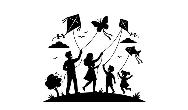 Happy Family Flying Kites Minimal Silhouette Vector Illustration