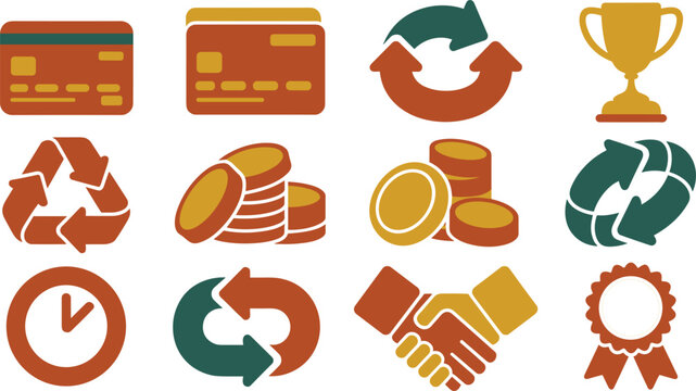 Art & IllustrationBusiness Finance and Cashback Loyalty Rewards Vector Icon Set with Credit Cards, Stacks of Coins, Handshake, Recycling Arrows, Trophy, and Winner Medal Elements