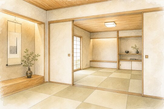 二間続きの琉球畳敷き和室水彩内観パース