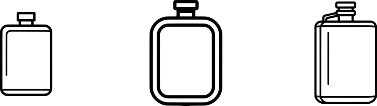 This minimalist black outline icon depicts a curved metal drinking hip flask with thick uniform lines, isolated on a pure white background without shadows