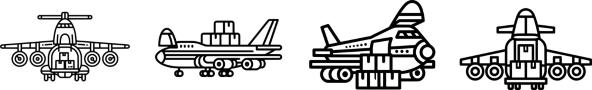 A black outline cargo plane with an open front nose and boxes is depicted in a minimalist flat vector style on a pure white background