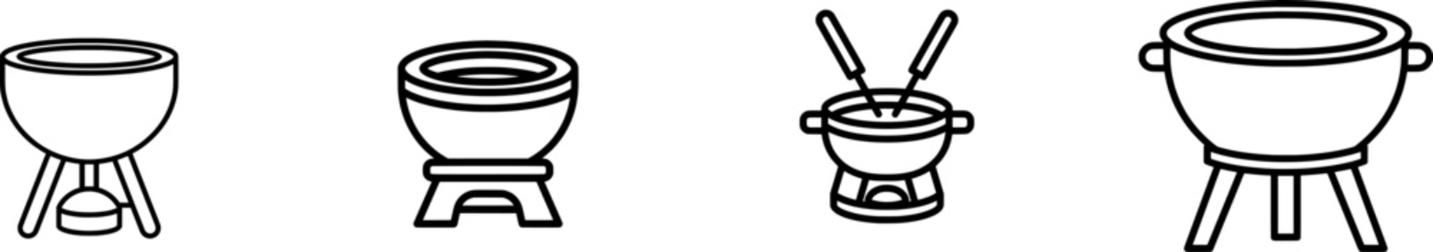 A minimalist black outline icon of a cheese fondue pot with thick uniform lines is isolated on a pure white background, featuring a simple design suitable for modern branding or digital interfaces
