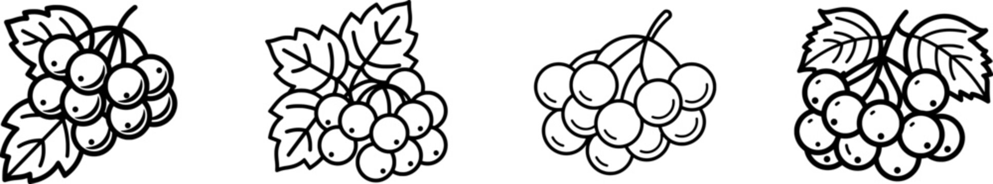 A minimalist black outline of a cluster of red viburnum berries (kalina) with thick uniform lines, isolated on pure white background, in a flat vector style