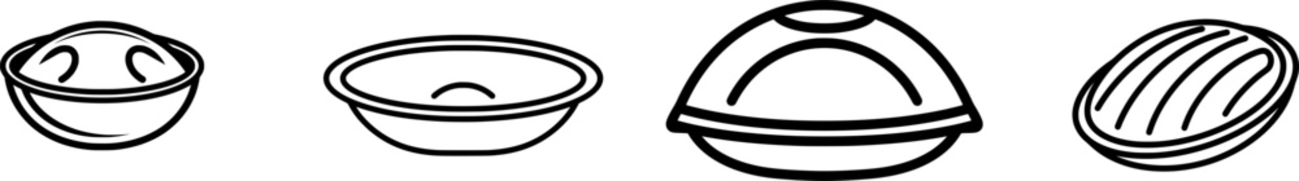 A minimalist black outline icon of a concave dented musical steel pan drum, isolated on pure white background with uniform thick lines, devoid of shadows or additional elements
