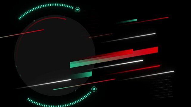 Abstract digital with red and teal hud elements interface with moving and geometric lines circular navigation data on a dark background