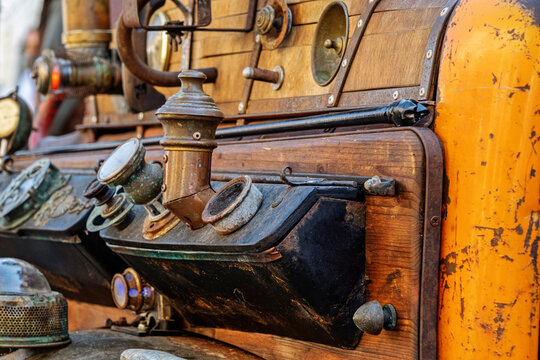 a custom steampunk-themed vehicle sculpture, detailed with numerous metallic steampunk-style gears and components