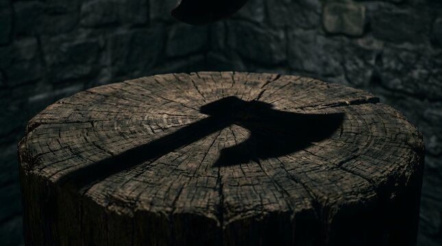 A spooky Halloween scene featuring the ominous shadow of a sharp axe cast upon an old wooden chopping block in a dark stone cellar