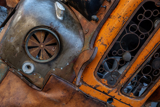 a custom steampunk-themed vehicle sculpture, detailed with numerous metallic steampunk-style gears and components