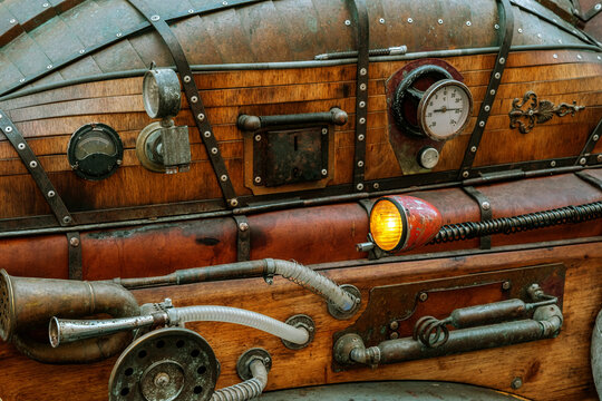 a custom steampunk-themed vehicle sculpture, detailed with numerous metallic steampunk-style gears and components
