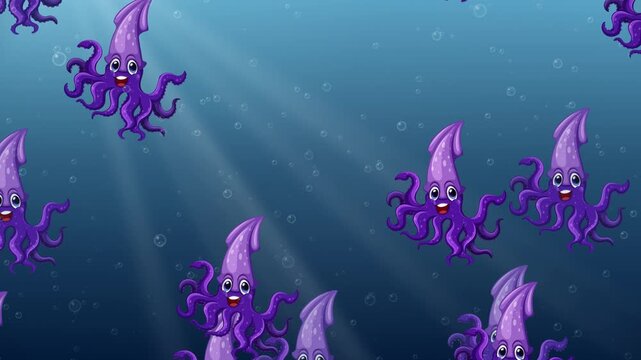 Animated Purple Squid Group Swimming in Deep Blue Underwater Ocean