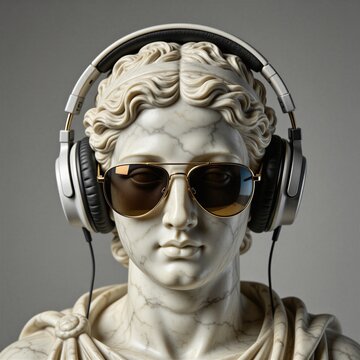 Marble bust wearing modern sunglasses and headphones. Ancient Greek statue with cool tech gear. Classic sculpture with trendy fashion accessories. Stone figure enjoys music.