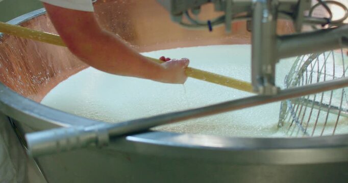 Slow Motion Close-up of a traditional wire tool stirring fresh milk inside a large copper cheese-making vat. Traditional Cheese Maker Stirring Fresh Milk in Large Copper Vat