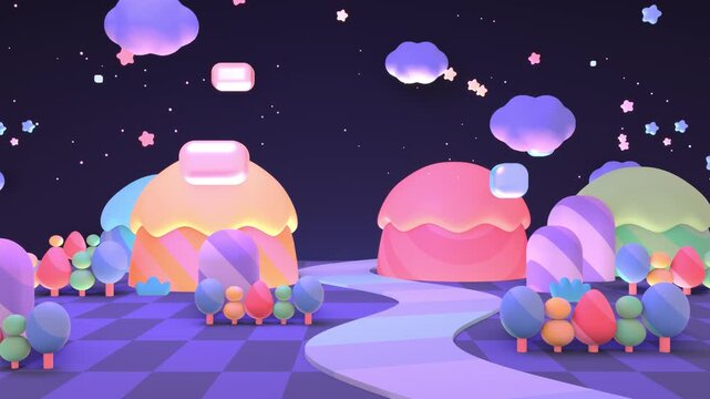 Cartoon mini mountain world at night animation. (loop)