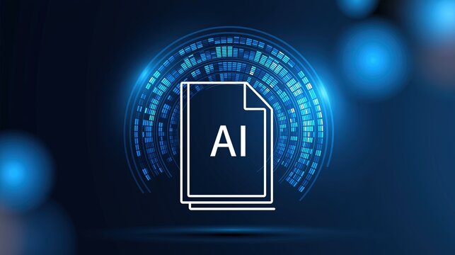 Dark navy abstract tech backdrop featuring white AI initials inside document silhouette, surrounded by blue circular sound bars and diffused spotlight glow, suitable for web banners and presentation