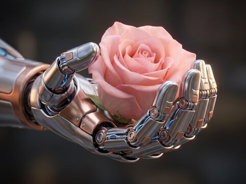 Futuristic Robot Hand Gently Holding Delicate Pink Flower Close Up

