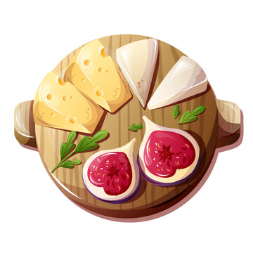 Cheese platter with sliced cheese varieties, fresh sweet figs and herbs on a wooden board. French gourmet appetizer flat lay vector illustration isolated on white background.