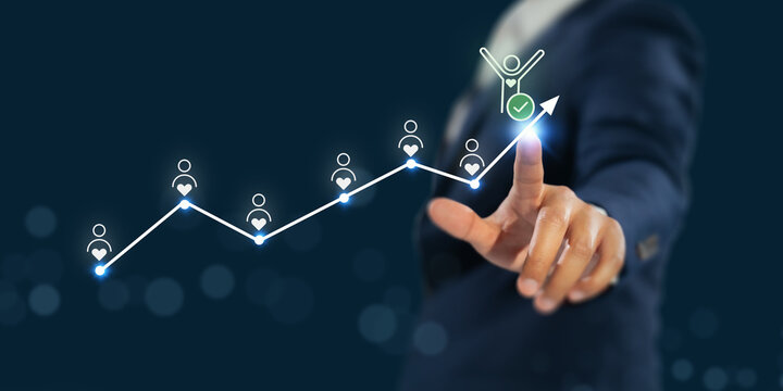 Employee Motivation Growth and Engagement. Pointing to an upward employee engagement chart, highlighting motivation, loyalty, recognition, retention, and workforce performance growth.