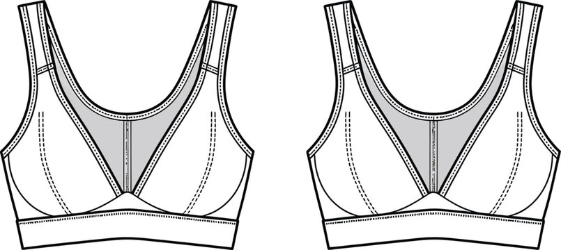 Technical fashion illustration of two seamless underwire bras front view