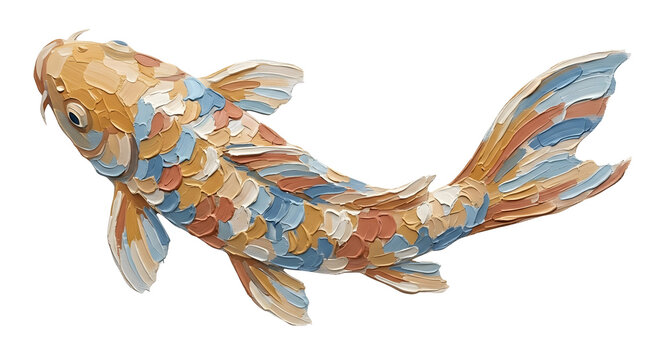 A simple, illustrative clip art of a solitary koi fish, swimming, rendered with the heavy impasto, canvas texture, and warm ochre and muted blue palette seen in the background of