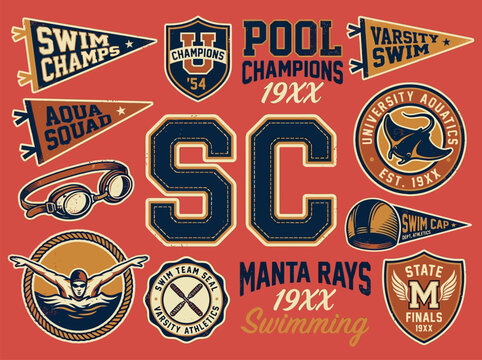 Vintage Collegiate Swimming Sports Graphic Bundle &mdash; Varsity Pool Champions Manta Rays University Aquatics Stingray Mascot Goggles Cap Badges Pennants Design Elements