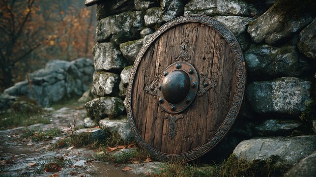 Ancient wooden shield rests against a stone wall. Represents historical warfare or fantasy roleplaying themes.