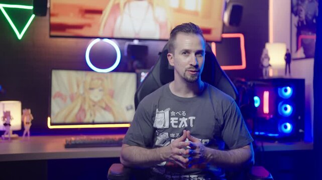 Anituber influencer streaming from anime manga geek neon lights gaming room 4K