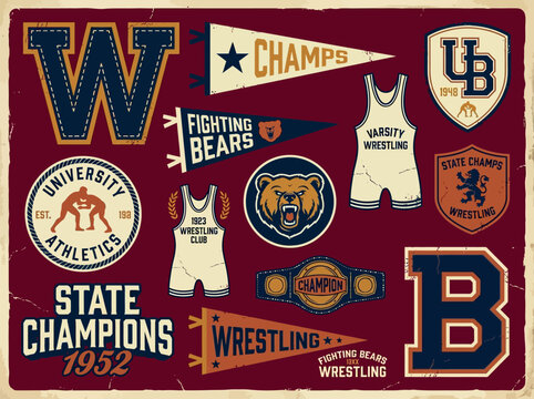 Vintage Collegiate Wrestling Sports Graphic Bundle &mdash; Varsity State Champions Fighting Bears University Athletics Bear Mascot Singlet Belt Badges Pennants Design Elements Set
