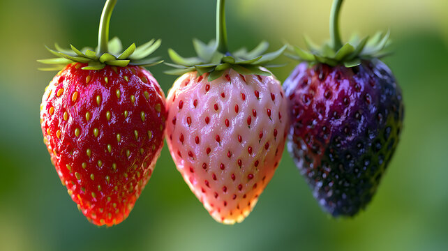 Three fresh strawberries with different colors, red, white, and dark purple, hanging on stems against a blurred natural green background