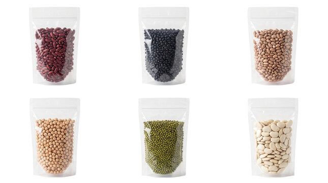Assorted legumes in transparent plastic pouches, collection of six stand-up bags with dried beans and pulses, organic food packaging set for retail isolated PNG with Transparent Background