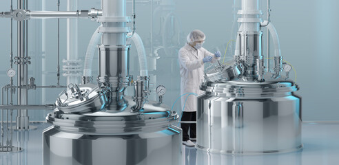 Naklejka na ściany i meble Bioreactor equipment, pharmaceutical manufacturing plant, scientist working in cleanroom. Industrial bioreactor tank, vaccine production, biotechnology research laboratory, medicine manufacturing. 3D