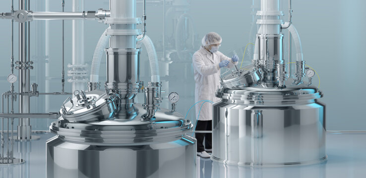 Bioreactor equipment, pharmaceutical manufacturing plant, scientist working in cleanroom. Industrial bioreactor tank, vaccine production, biotechnology research laboratory, medicine manufacturing. 3D