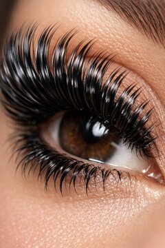 Closeup of dramatic volume eyelash extensions with glossy curl and flawless beauty salon result
