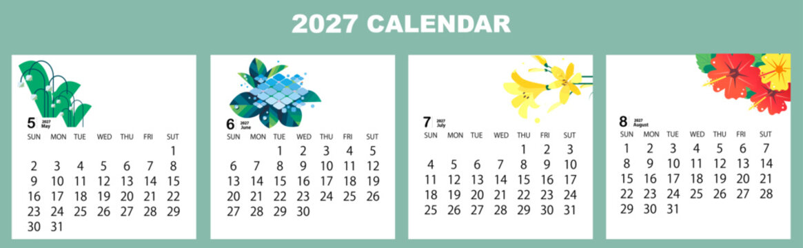 2027 calendar template set, May to August with summer flowers, vector illustration