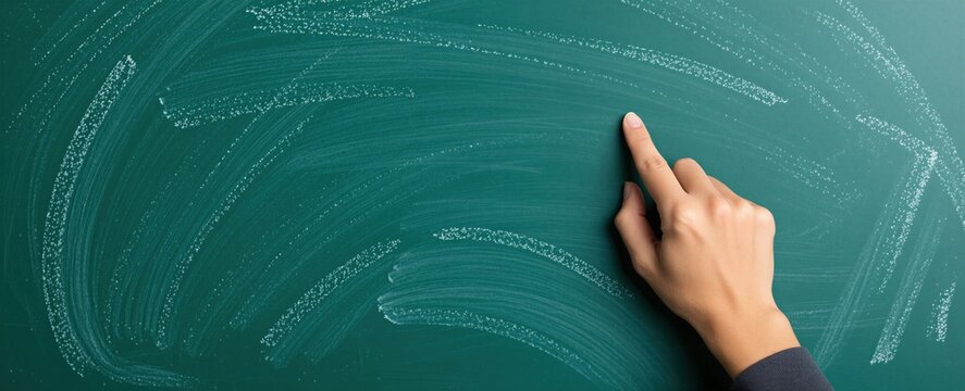 Close up view of human finger touching empty green school chalkboard. Student teacher points at blank surface area for writing text. Abstract dark textured background with chalk dust marks ready for