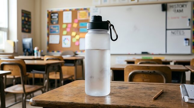 Closeup of a frosted reusable water bottle sitting on a wooden desk in an empty classroom