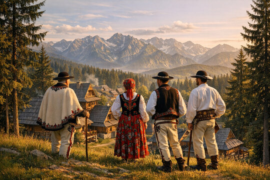 A traditional Polish group in Podhale folk costumes with a view of a mountain village in the Tatra Mountains