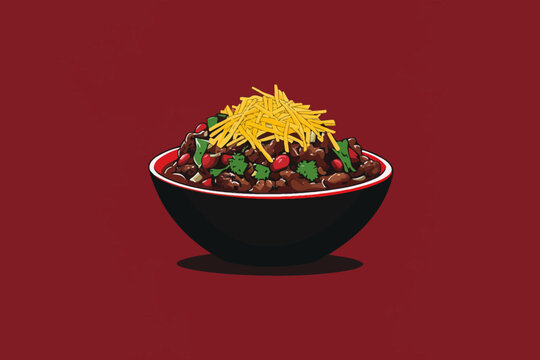 Digital illustration of a bowl filled with beef, vegetables, and cheese