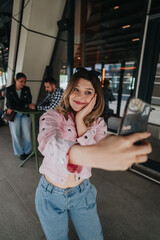 A young woman smiles while taking a selfie with her smartphone. She poses casually in front of a modern cafe while friends talk at a nearby table.